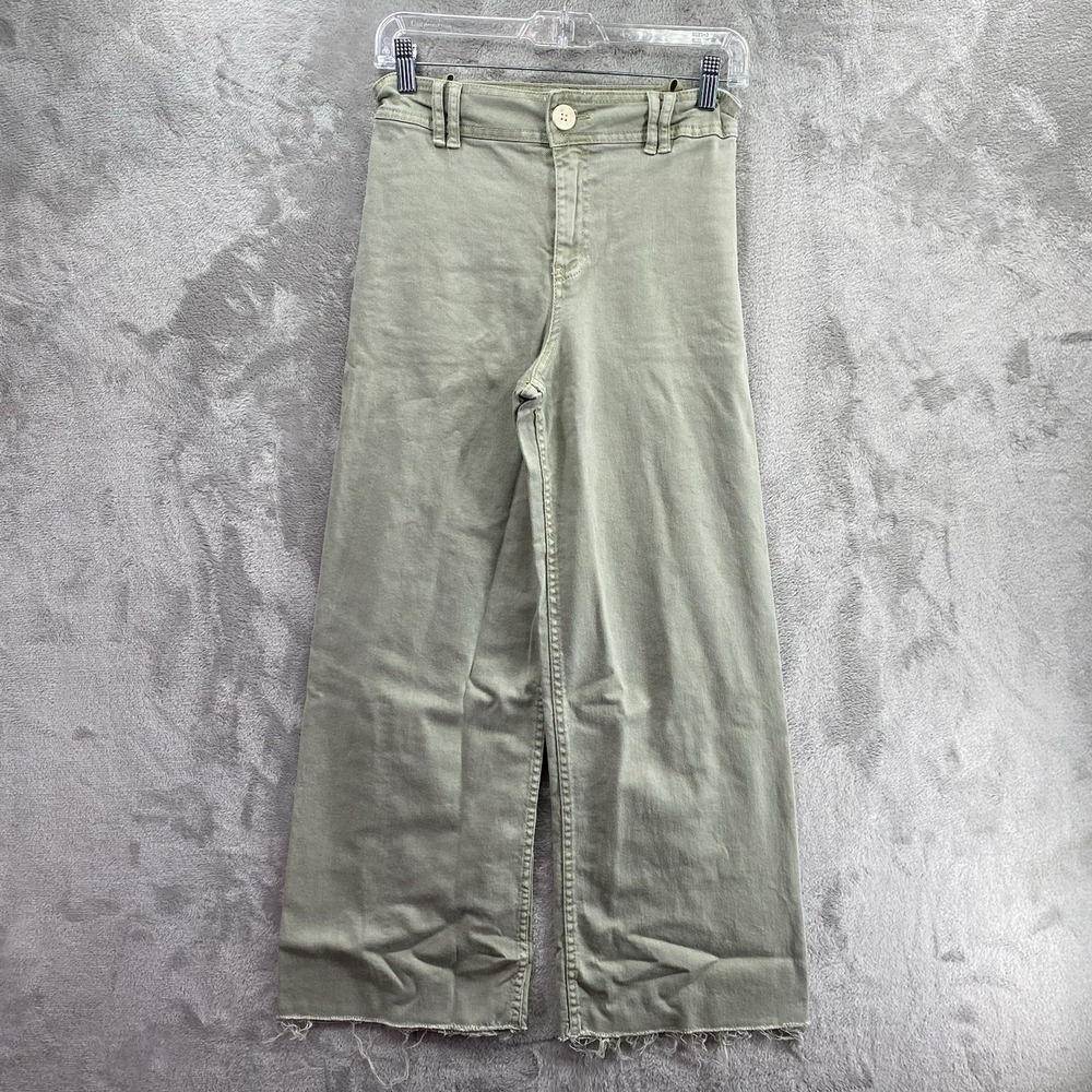 Zara Wide Leg Jeans Womens 13-14 Green High Rise Raw Hem Frayed Sage Denim Pants